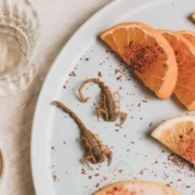 Verre de mezcal accompagné d'un plateau d'oranges, de piment moulu et de scorpions, offrant une expérience sensorielle unique et représentant les saveurs et les traditions du Mexique
