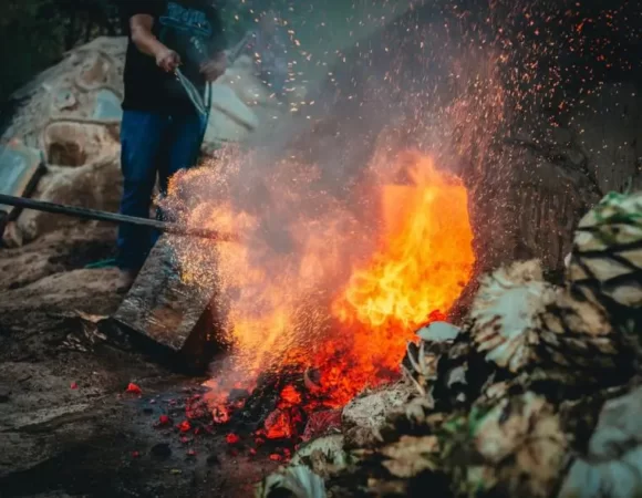 Cuisson de l'agave dans les fours en terre pour la création du mezcal, mettant en lumière la méthode traditionnelle et artisanale de production de cette boisson emblématique du Mexique