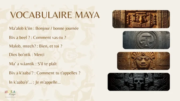 Infographie pédagogique listant des mots de vocabulaire maya yucatèque traduits en français avec leur prononciation.