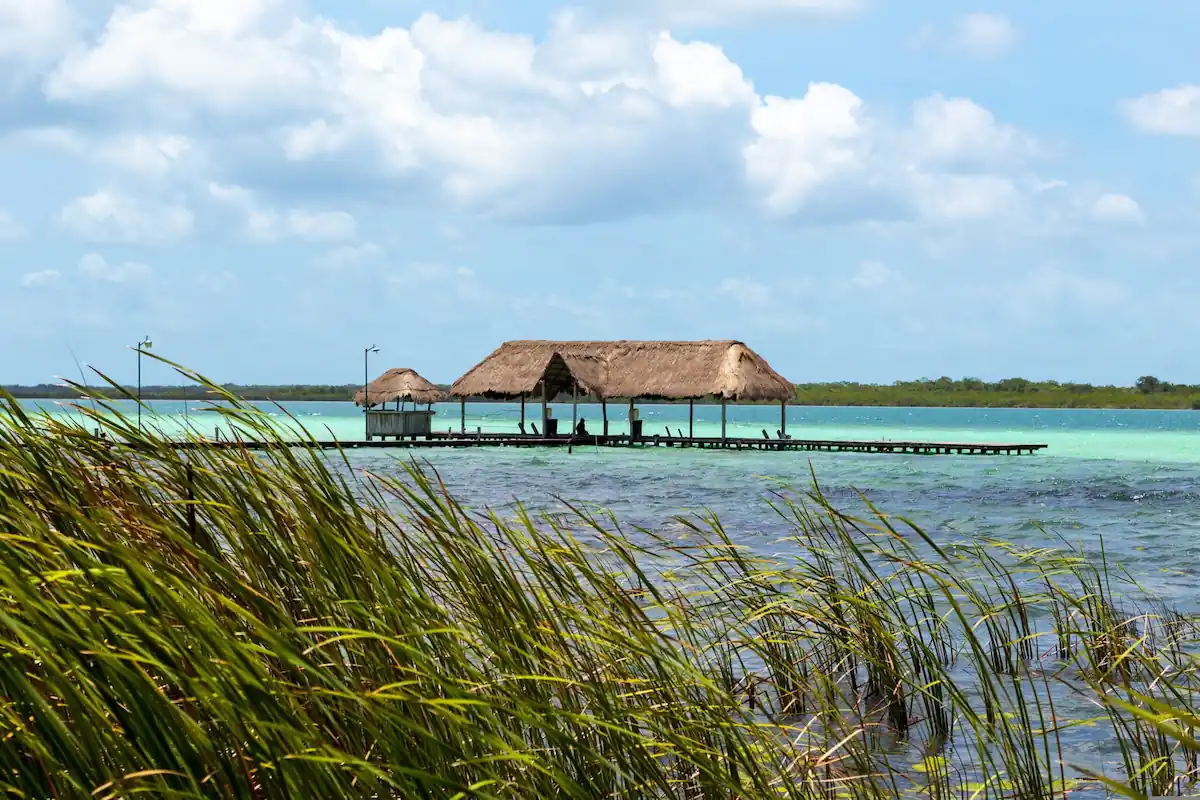 Ponton en bois couvert d'un toit en palapa s'avançant sur une lagune aux eaux turquoise bordée de hautes herbes.